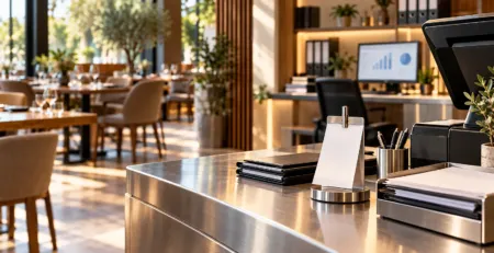Zonă de casă într-un restaurant cu notă de plată și documente ordonate