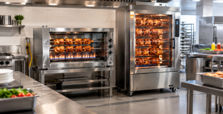 rotisor gaz vs electric într-o bucătărie profesională, cu echipamente din inox și zonă de lucru fast-food