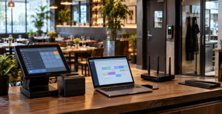 Scenă dintr-un restaurant modern cu terminal POS, laptop pentru rezervări și echipamente de rețea, ilustrând securitate cibernetică restaurant și protecția datelor clienților
