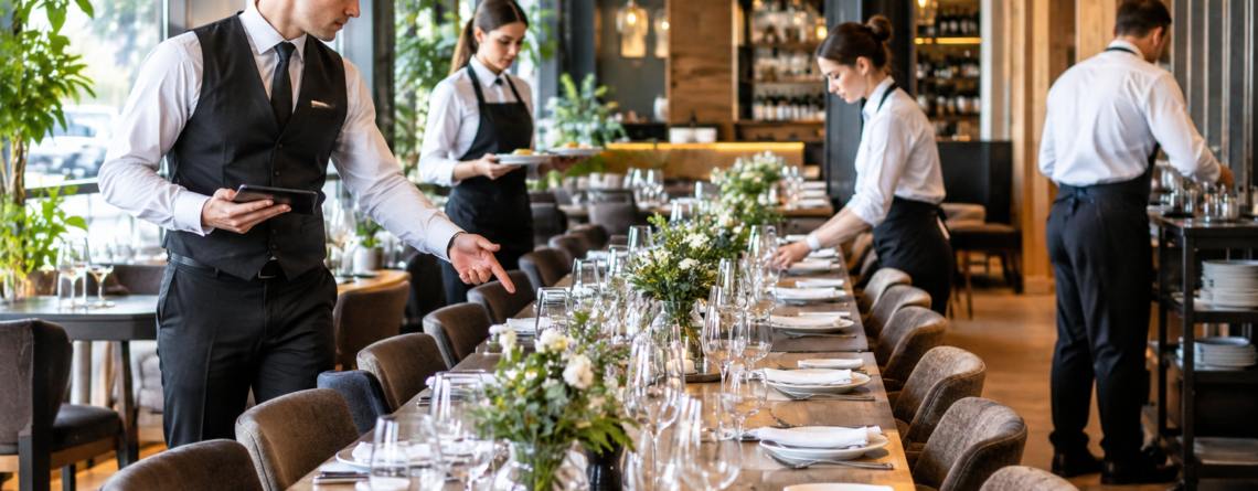 Scenă din restaurant cu ospătar care coordonează servire grup mare restaurant la o masă lungă, cu traseu clar de servire și debarasare