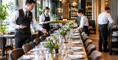 Scenă din restaurant cu ospătar care coordonează servire grup mare restaurant la o masă lungă, cu traseu clar de servire și debarasare