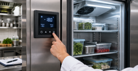 Panou de control frigorific profesional într-o bucătărie HoReCa, ilustrând setare controler frigorific Danfoss pentru reglaj de temperatură, set point și degivrare de bază.