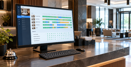 Recepție hotelieră modernă cu ecran de administrare pentru sincronizare rezervări hotel, calendar al camerelor și control al disponibilității pe mai multe platforme
