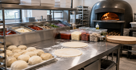Stație profesională de pizza organizată pentru standardizare producție pizza, cu aluat porționat, ingrediente pregătite și cuptor de pizza în fundal.