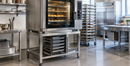 suport cuptor profesional din inox amplasat corect într-o bucătărie HoReCa, sub un cuptor profesional, cu spațiu de lucru ergonomic și acces clar pentru operare și curățare