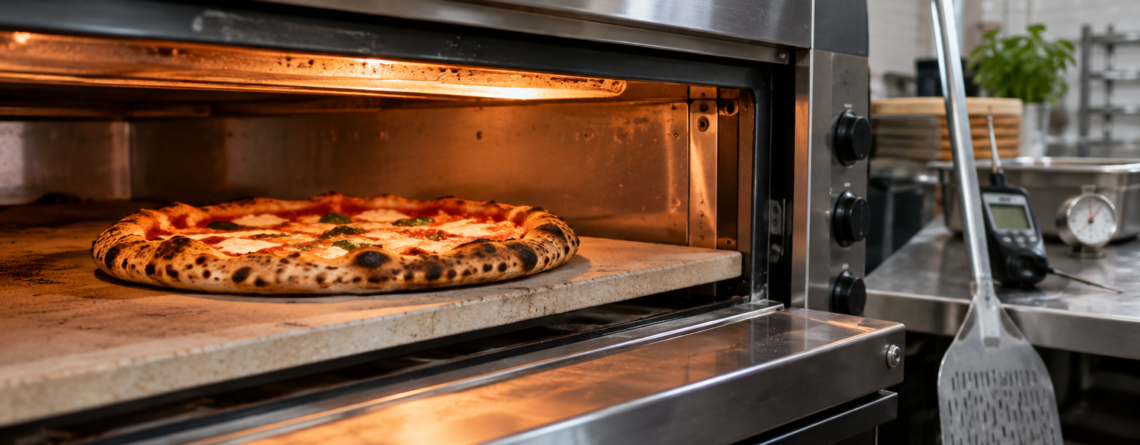 temperatură sus jos cuptor pizza: Scenă din pizzerie profesională care ilustrează temperatura sus jos cuptor pizza, cu accent pe vatră, rumenirea marginii și controlul coacerii.