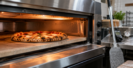 temperatură sus jos cuptor pizza: Scenă din pizzerie profesională care ilustrează temperatura sus jos cuptor pizza, cu accent pe vatră, rumenirea marginii și controlul coacerii.
