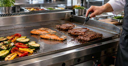 temperaturi gătire la grill într-o bucătărie profesională, cu fry-top încins, carne, pește și legume verificate cu termometru digital