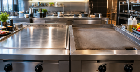 Comparație vizuală teppanyaki vs fry top într-o bucătărie profesională, cu două suprafețe de gătire plate, zone de lucru curate și accent pe diferențele de construcție și utilizare