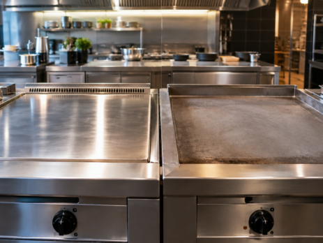 Comparație vizuală teppanyaki vs fry top într-o bucătărie profesională, cu două suprafețe de gătire plate, zone de lucru curate și accent pe diferențele de construcție și utilizare