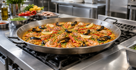 tigaie paella profesională într-o bucătărie HoReCa, cu suprafață largă de gătire și ingrediente distribuite uniform pentru porții multiple.
