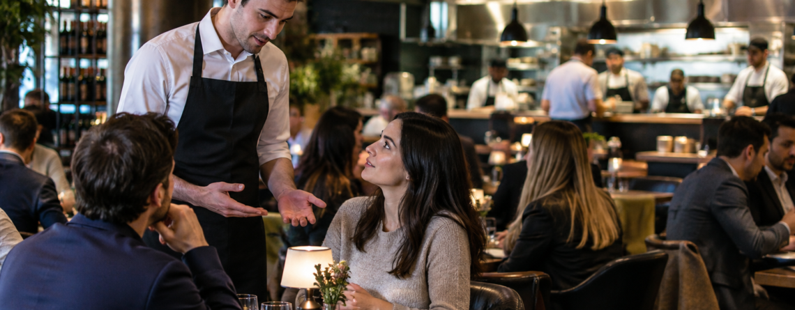 timp de așteptare restaurant: Ospătar care explică calm unui client timpul de așteptare restaurant într-o sală aglomerată, cu atmosferă profesionistă și controlată
