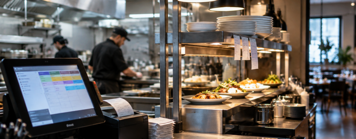 timp procesare comandă restaurant: Flux operațional într-un restaurant, cu bonuri de lucru, zonă de pass și preparate gata de plecare, ilustrând timpul procesare comandă restaurant.