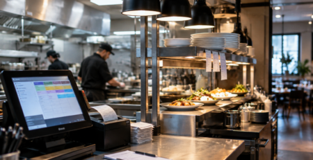 timp procesare comandă restaurant: Flux operațional într-un restaurant, cu bonuri de lucru, zonă de pass și preparate gata de plecare, ilustrând timpul procesare comandă restaurant.