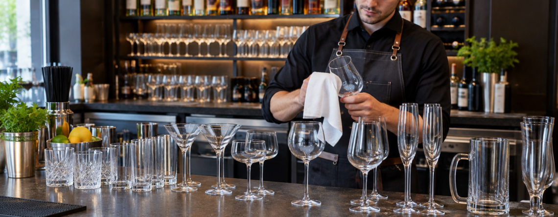Bar profesional pregătit pentru servire, cu tipuri pahare bar curate și ordonate pentru cocktailuri, vin și bere
