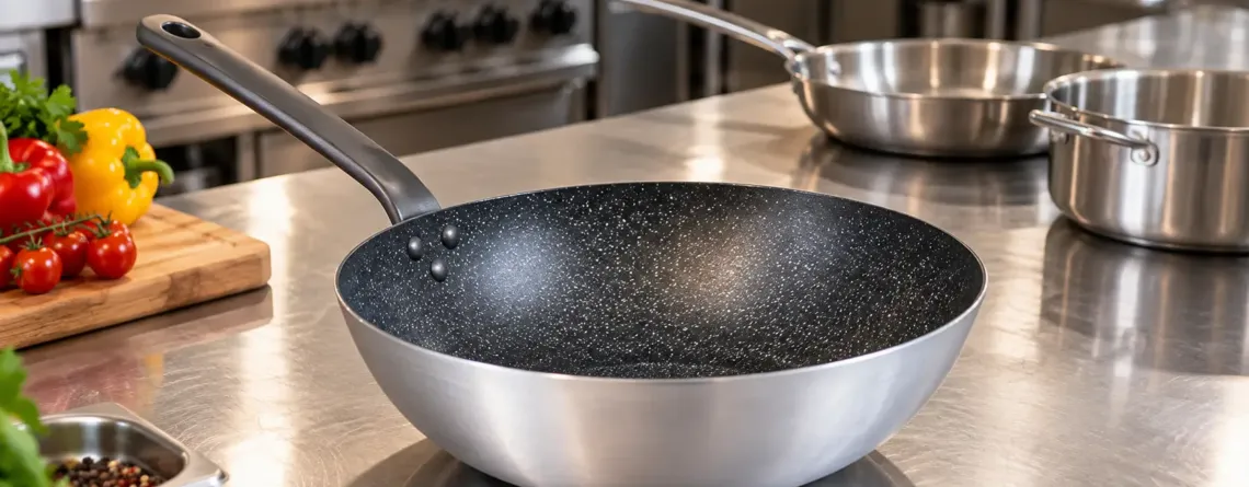 Tigaie profesională wok pe banc de lucru din inox