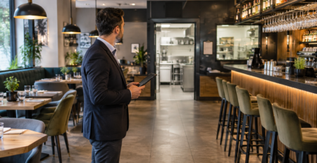 control manager restaurant într-o locație HoReCa, cu verificarea vizuală a sălii, barului și accesului spre bucătărie în timpul unui tur operațional