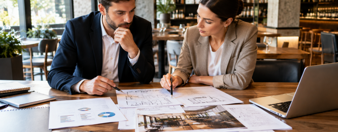 Scenă strategică de planificare pentru concept restaurant, cu analiză de public, cerere locală și poziționare într-un spațiu HoReCa modern.
