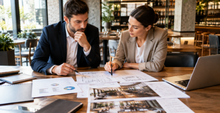 Scenă strategică de planificare pentru concept restaurant, cu analiză de public, cerere locală și poziționare într-un spațiu HoReCa modern.
