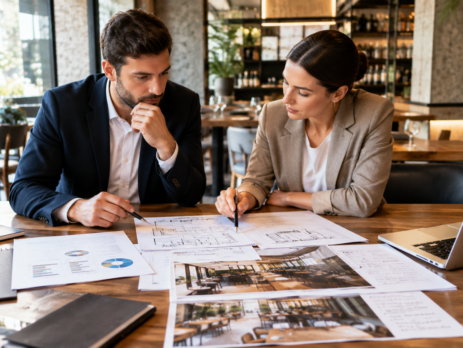 Scenă strategică de planificare pentru concept restaurant, cu analiză de public, cerere locală și poziționare într-un spațiu HoReCa modern.
