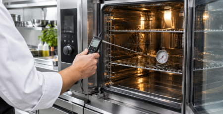 termometru cuptor profesional folosit pentru verificarea temperaturii reale într-un cuptor gastronomic din inox, într-o bucătărie profesională curată și bine luminată