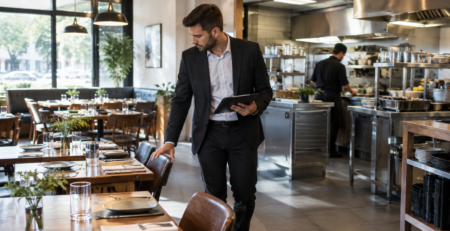 Manager verificând sala și bucătăria înainte de deschidere, într-o rutină de verificări manager restaurant la începutul zilei.